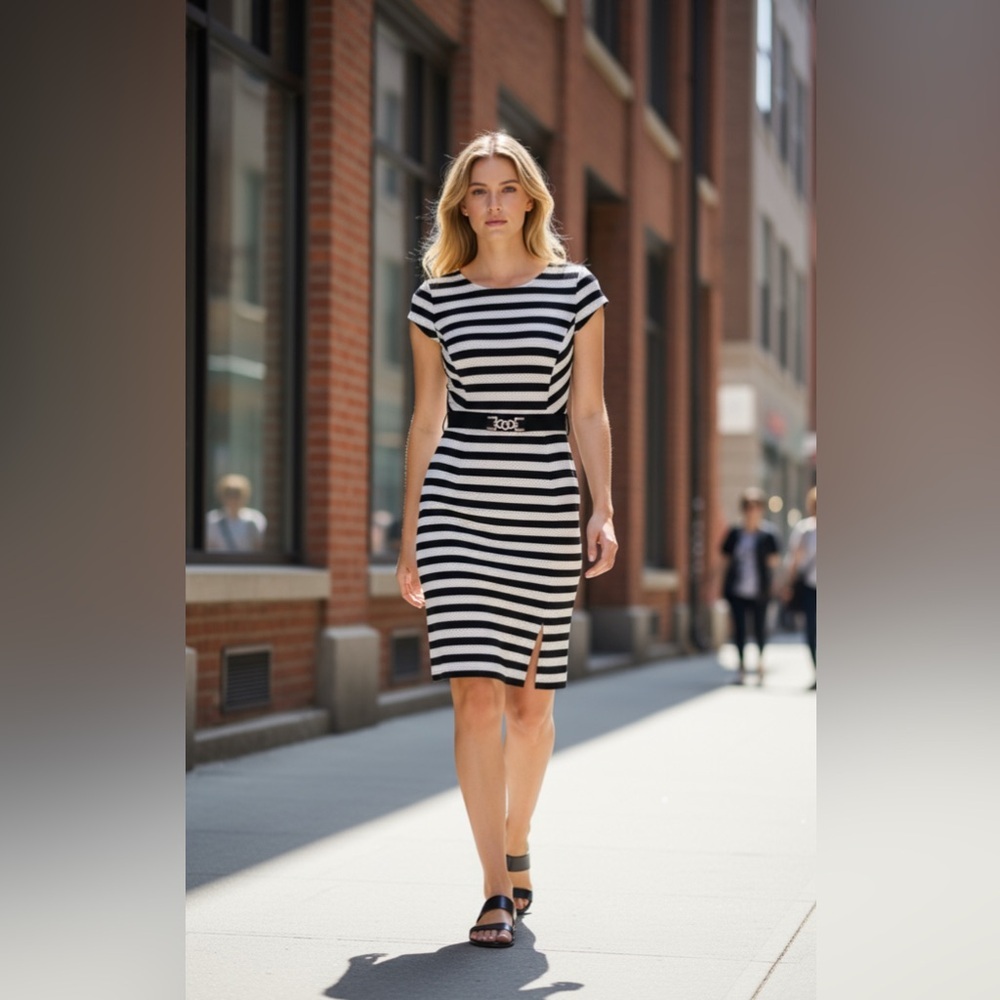 White House Black Market Striped Rayure Cap Sleeve Sheath Dress Size 4 P Career